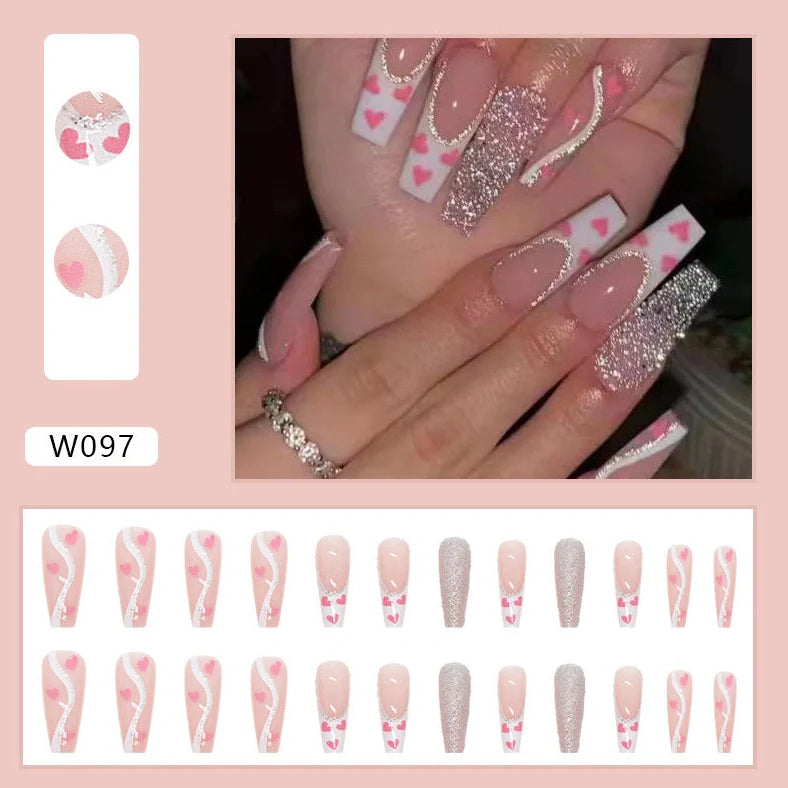W097 shiny love pattern false nails in long ballet style with adhesive tube, 24-piece set