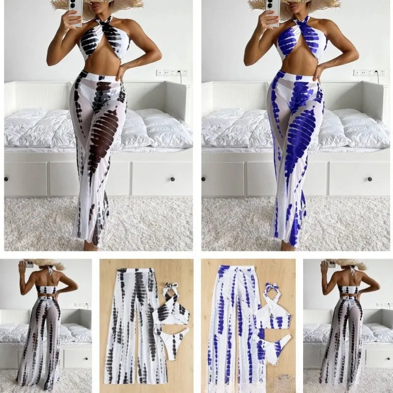 Women's three-piece swimsuit set with bikini top, bottom, and separate mesh trousers in a printed pattern.