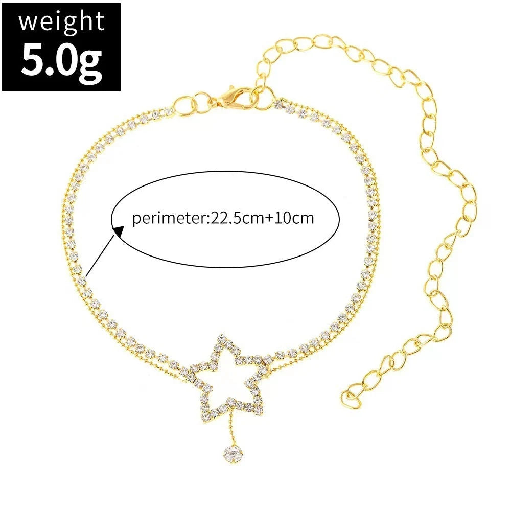Women's five-pointed star heart shape rhinestone bead necklace anklet in gold or silver