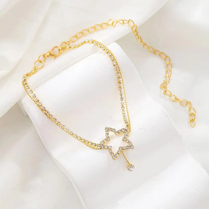 Women's five-pointed star heart shape rhinestone bead necklace anklet in gold or silver