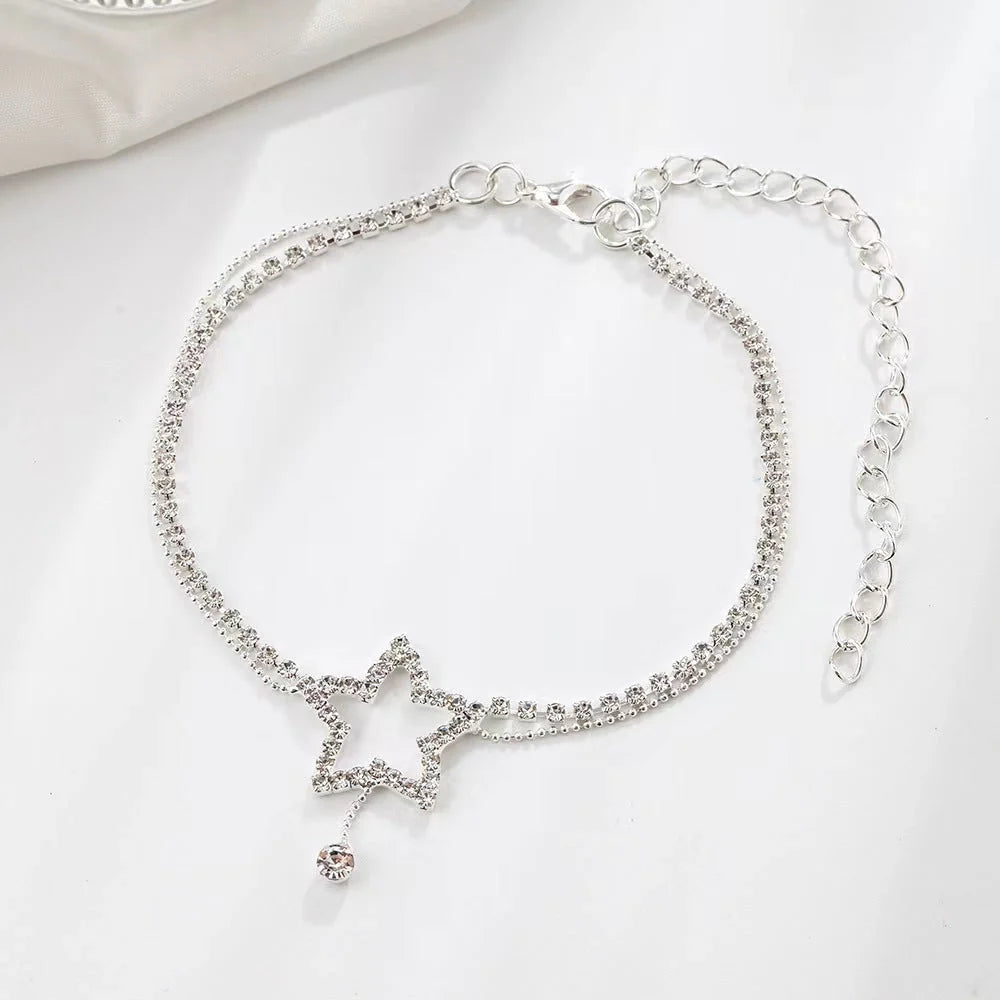 Women's five-pointed star heart shape rhinestone bead necklace anklet in gold or silver