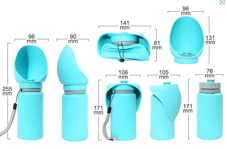 Folding pet water bottle in blue and grey, leak-proof design for outdoor use