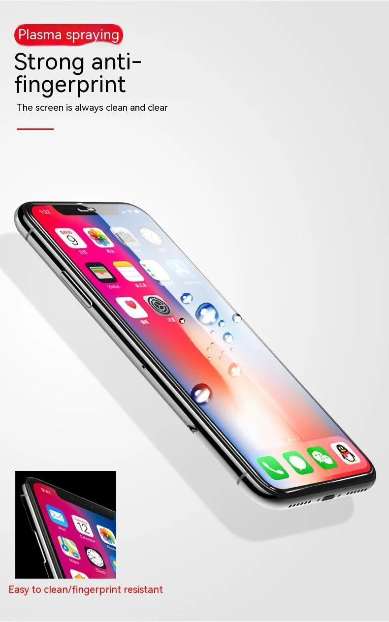 HD tempered glass screen protector for Samsung mobile phones showing full screen coverage and anti-fingerprint surface