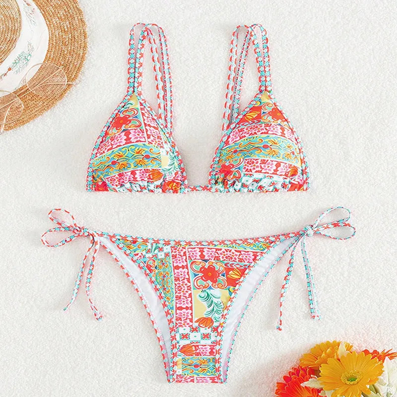 Women's lace-up front, backless swimsuit bikini set in the pictured colour.