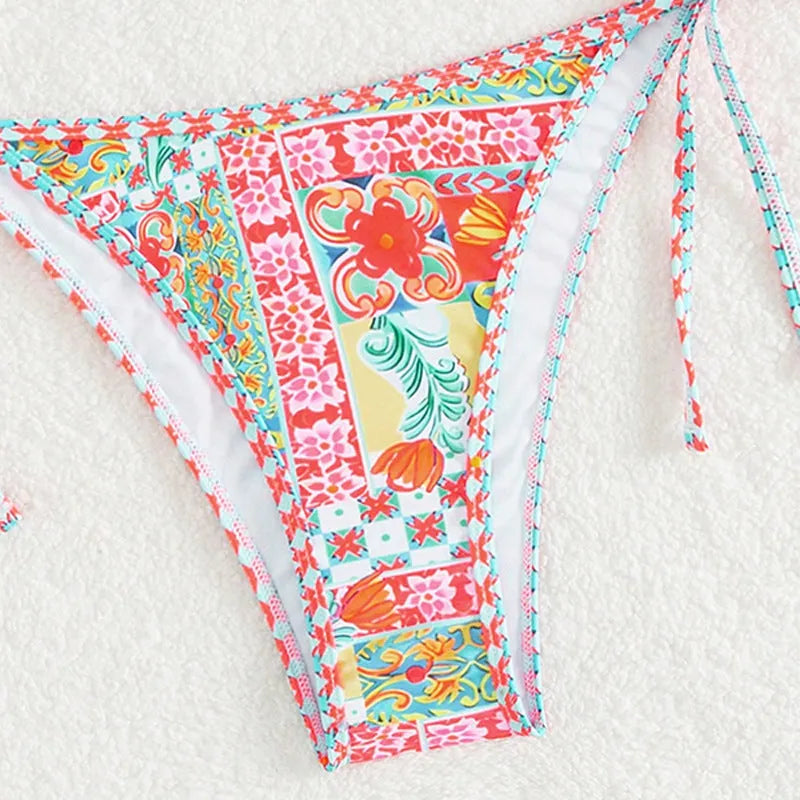 Women's lace-up front, backless swimsuit bikini set in the pictured colour.