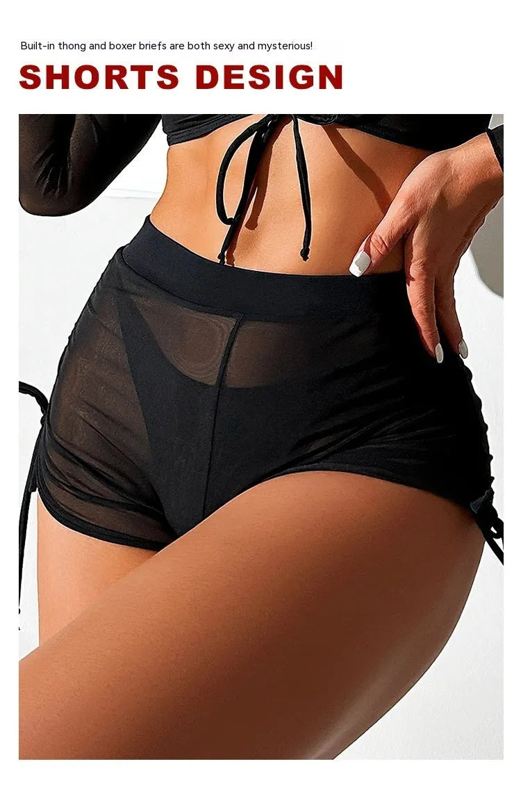 Black women's four-piece bikini swimsuit set with long sleeves for swimming sports.
