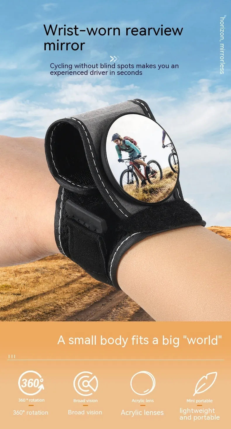 Black nylon bicycle rear-view mirror showing wrist mounting and adjustable viewing mechanism