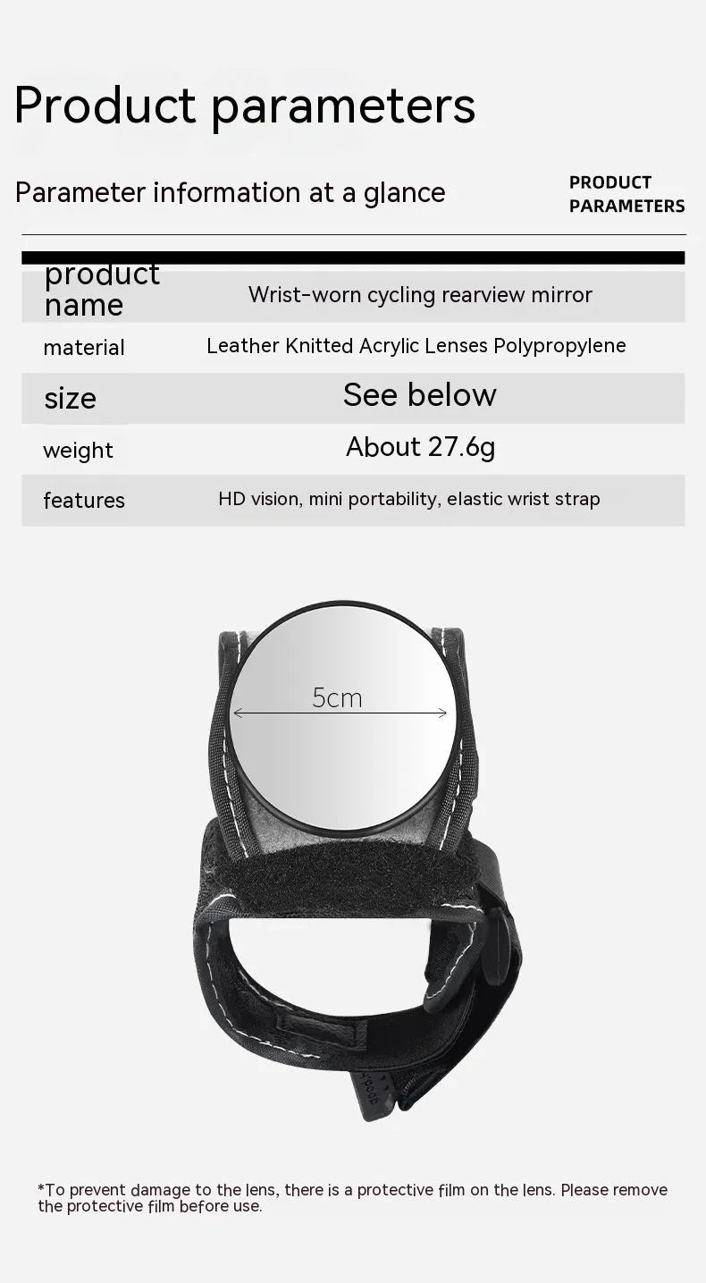 Black nylon bicycle rear-view mirror showing wrist mounting and adjustable viewing mechanism