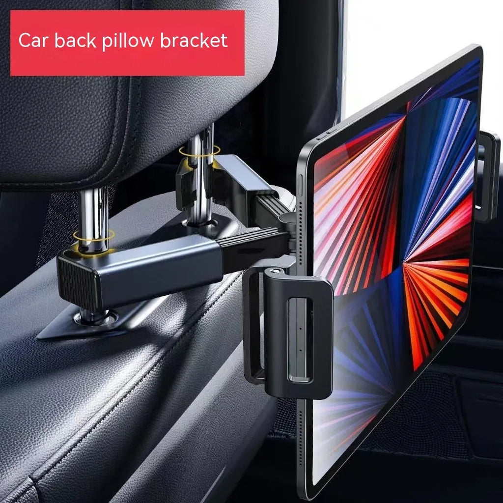Black adjustable telescopic car phone bracket mounted on occipital pillow headrest