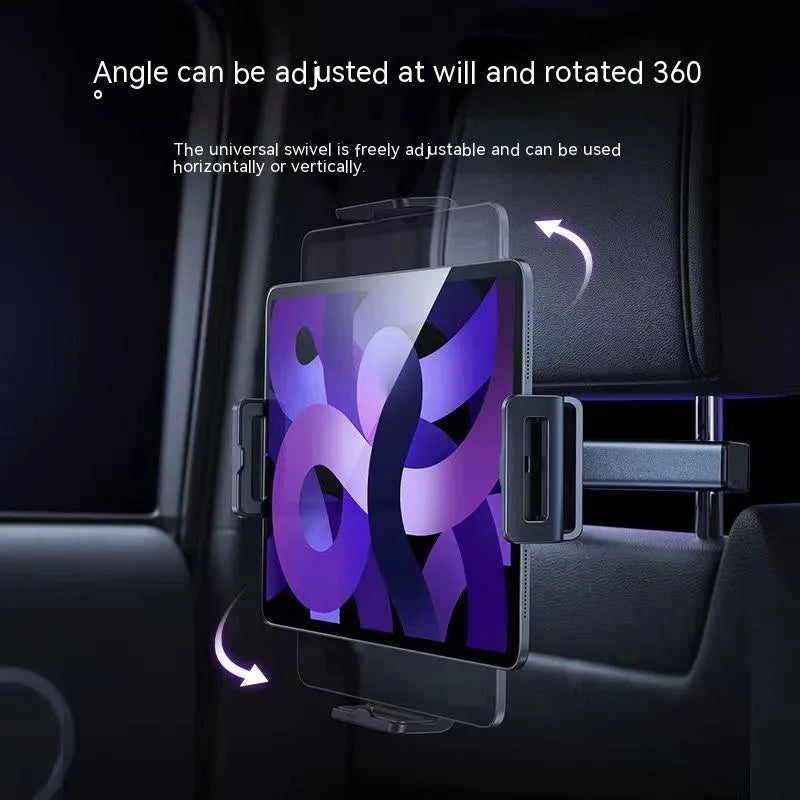 Black adjustable telescopic car phone bracket mounted on occipital pillow headrest