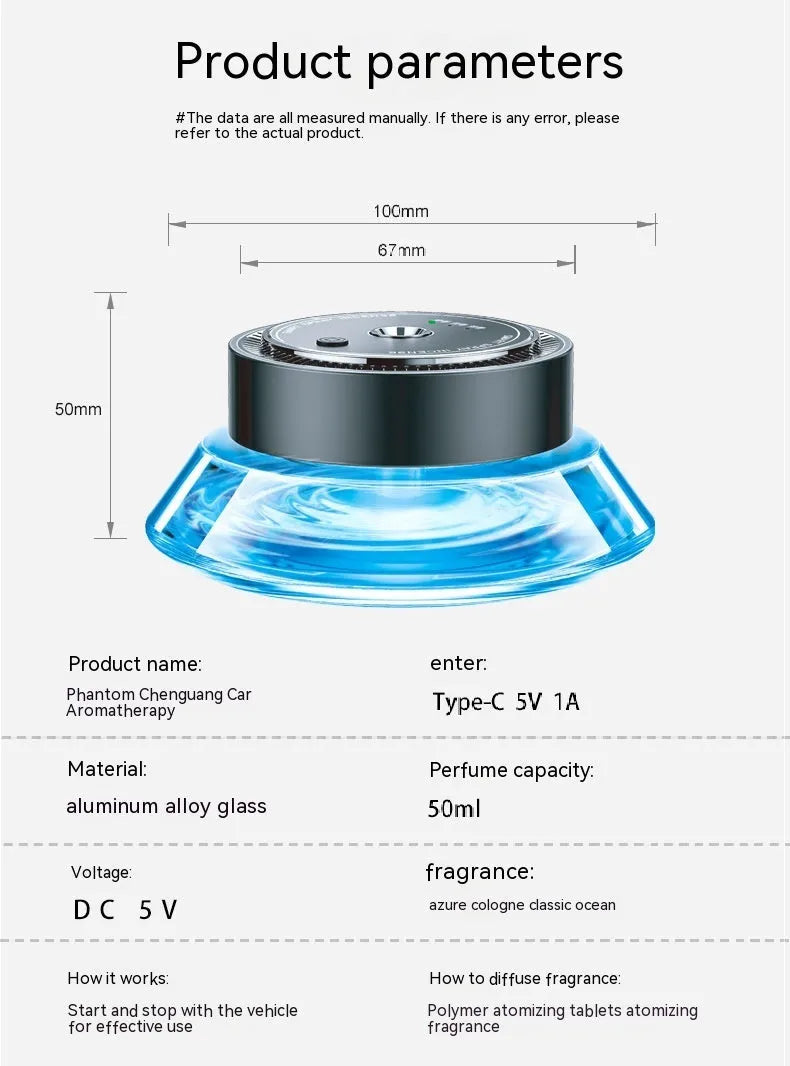 Black smart automatic spray car air freshener device with a 50 ml refill cartridge mounted on a car vent.