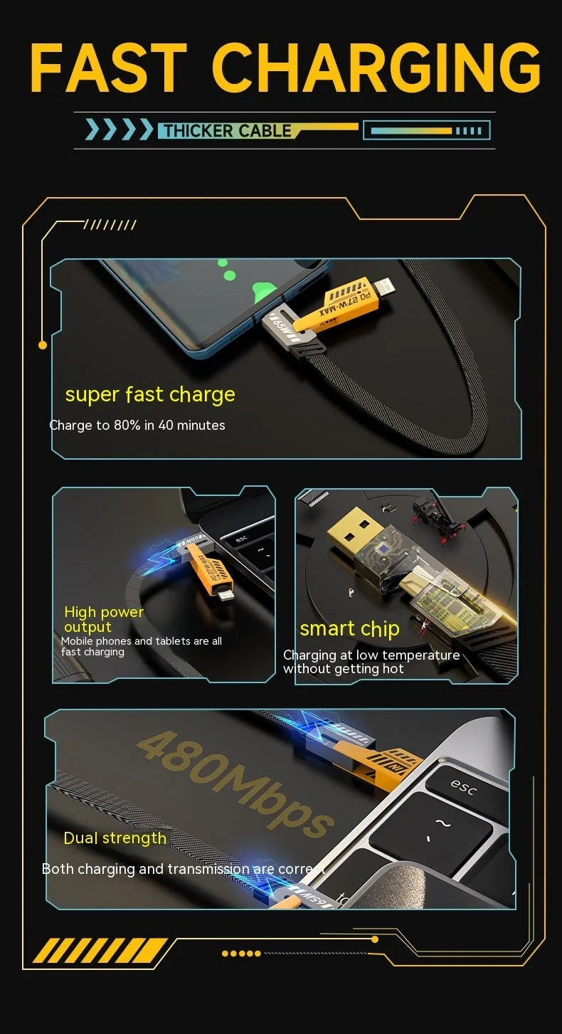 Four-in-one super fast charge data cable 65W USB-A Type-C 1.2m yellow with two-drag-two design