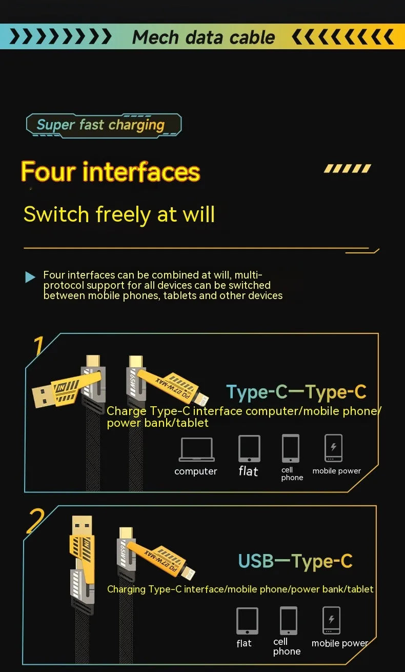 Four-in-one super fast charge data cable 65W USB-A Type-C 1.2m yellow with two-drag-two design