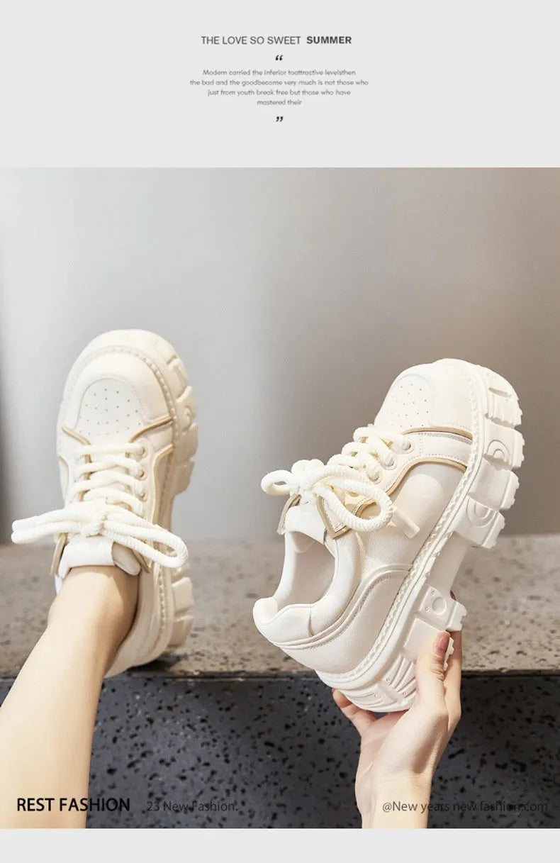 Women's beige leather casual shoes with muffin bottom design for height increase