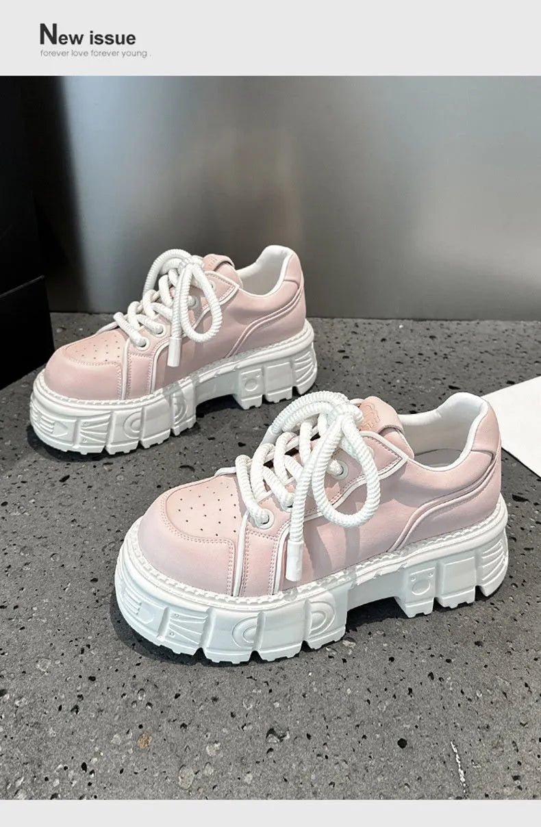 Women's beige leather casual shoes with muffin bottom design for height increase