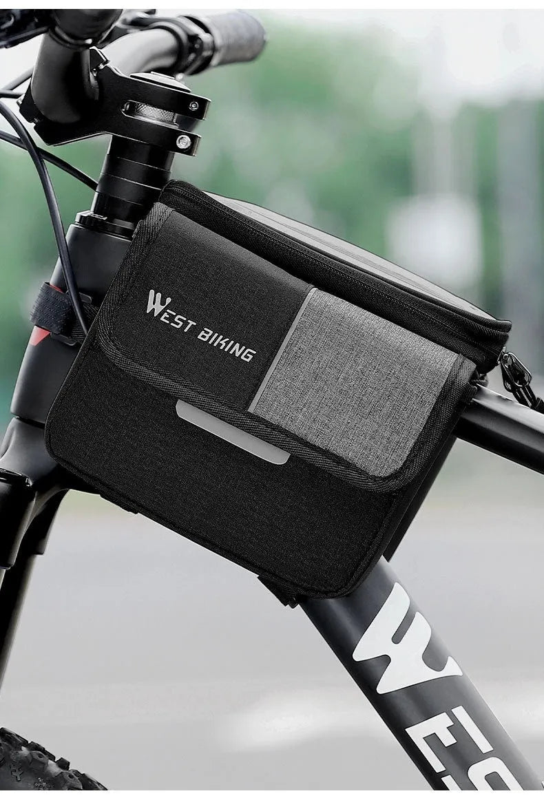 Black and grey Oxford cloth bilateral tube bicycle saddle bag showing 2-litre capacity.