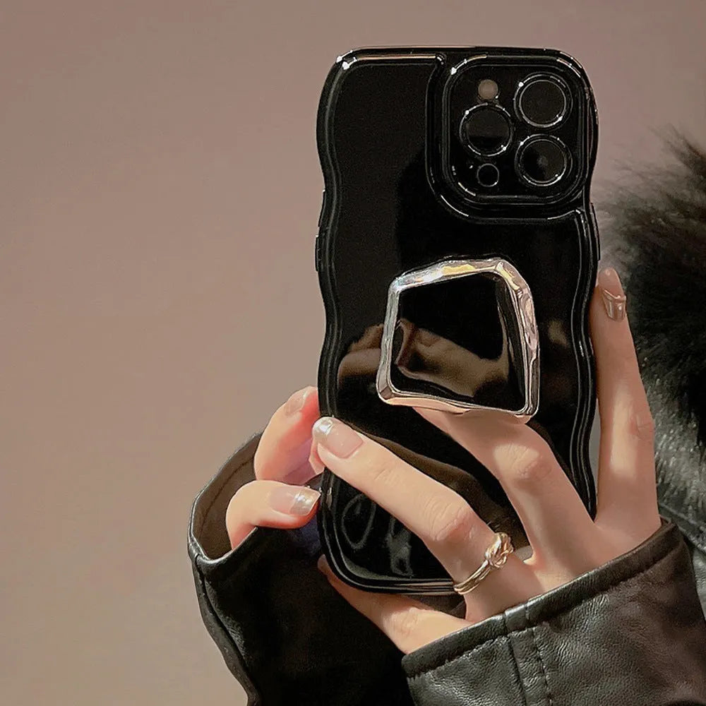 Black TPU metallic phone case with geometric bracket for Apple iPhone