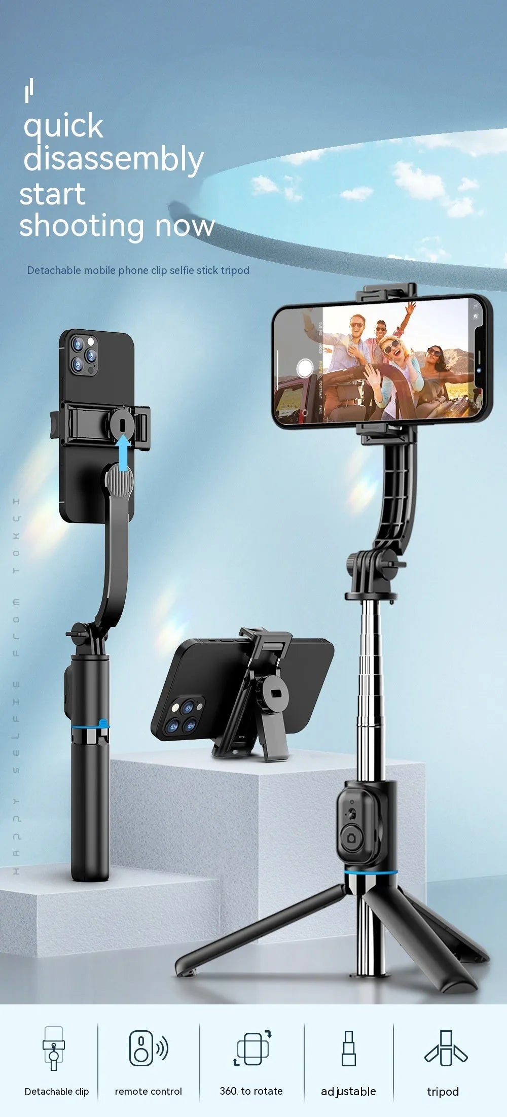Bluetooth selfie stick with detachable desktop stand, extended to 1060mm, ABS stainless steel construction