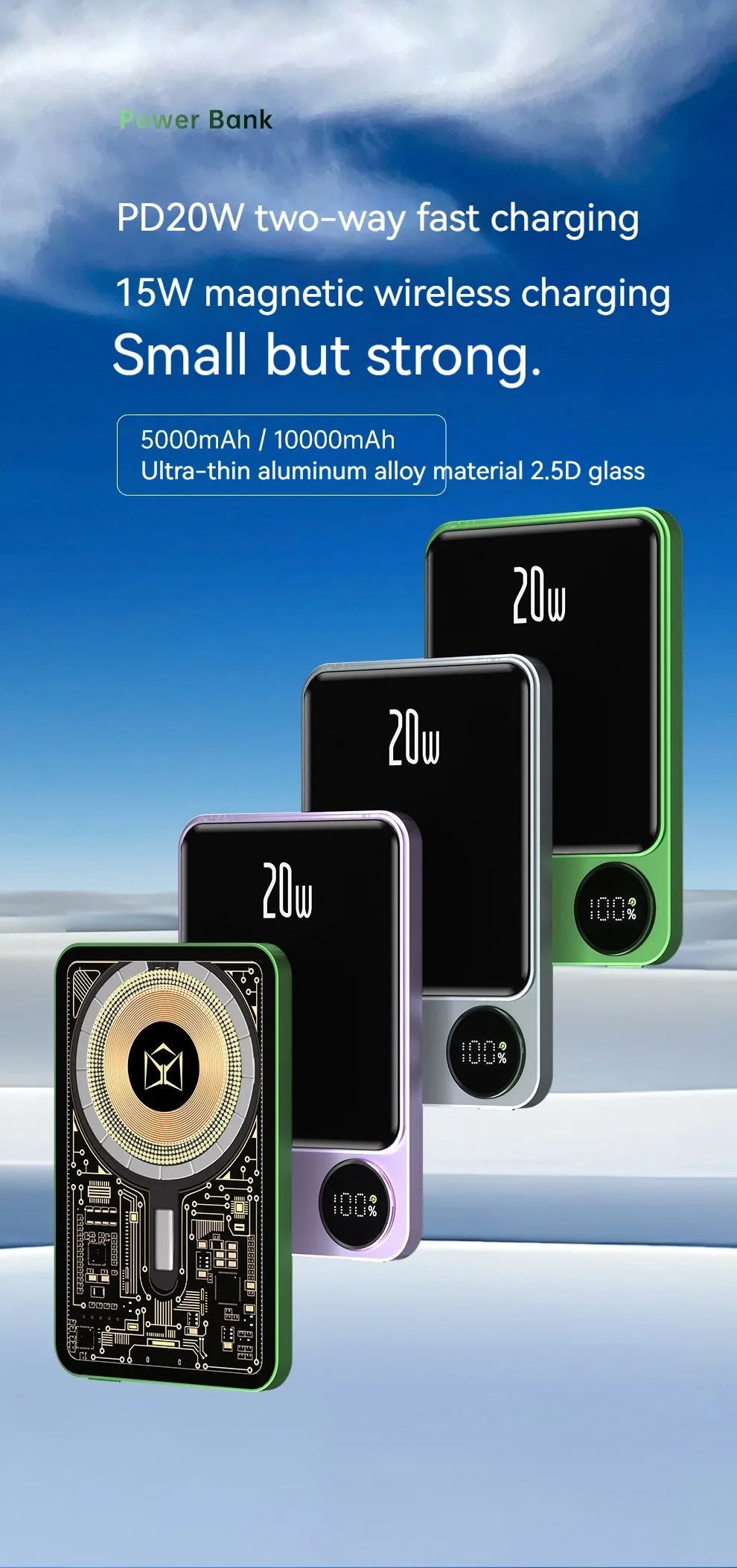 Portable wireless magnetic ultra-thin power bank with alloy shell in fluorescent green colour, 104x68x9mm size