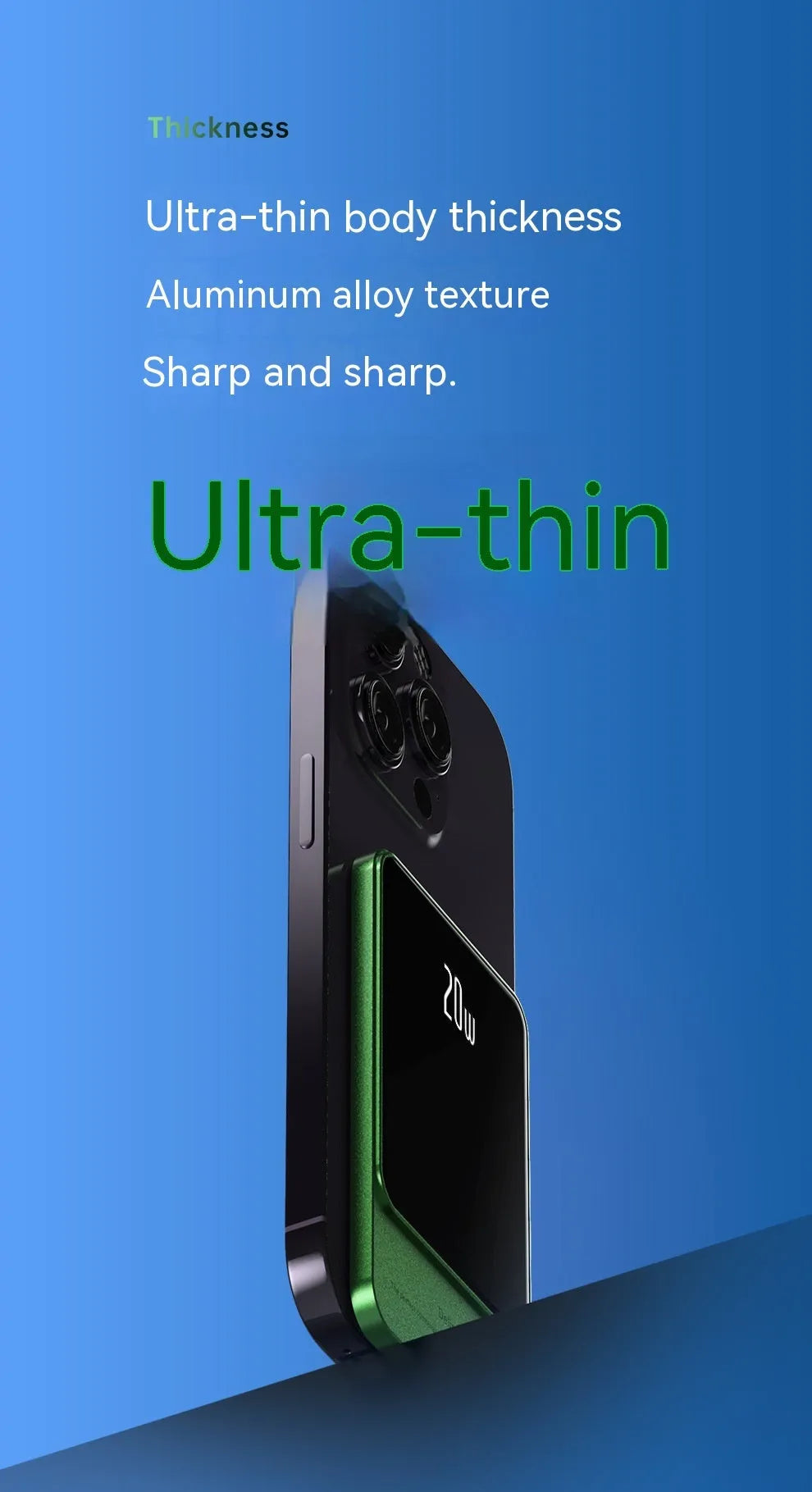 Portable wireless magnetic ultra-thin power bank with alloy shell in fluorescent green colour, 104x68x9mm size