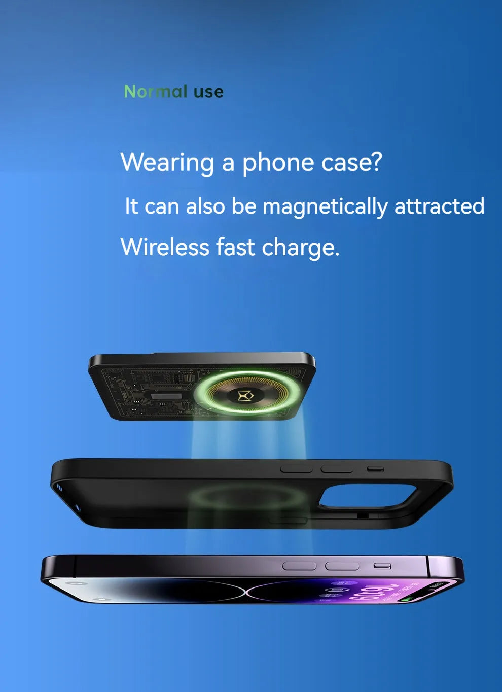 Portable wireless magnetic ultra-thin power bank with alloy shell in fluorescent green colour, 104x68x9mm size