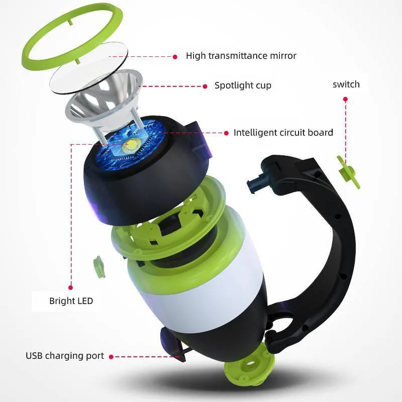 Black green multifunctional LED table lamp showing adjustable head and USB charging port.