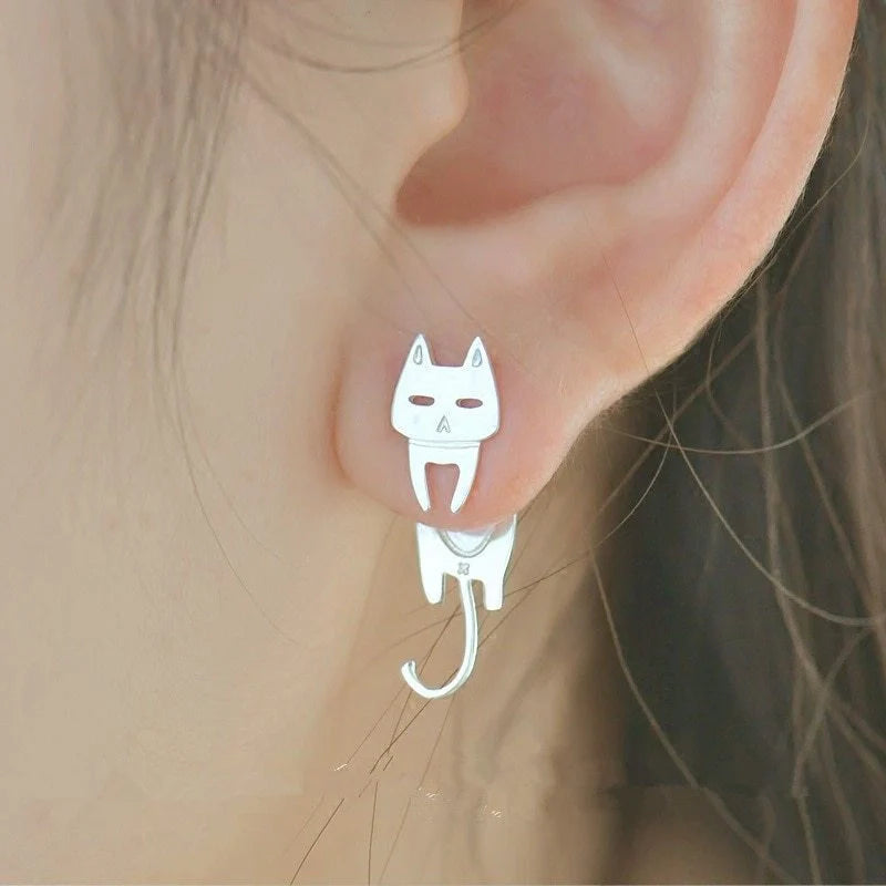 S925 sterling silver stud earrings with cat and fish design, hypoallergenic