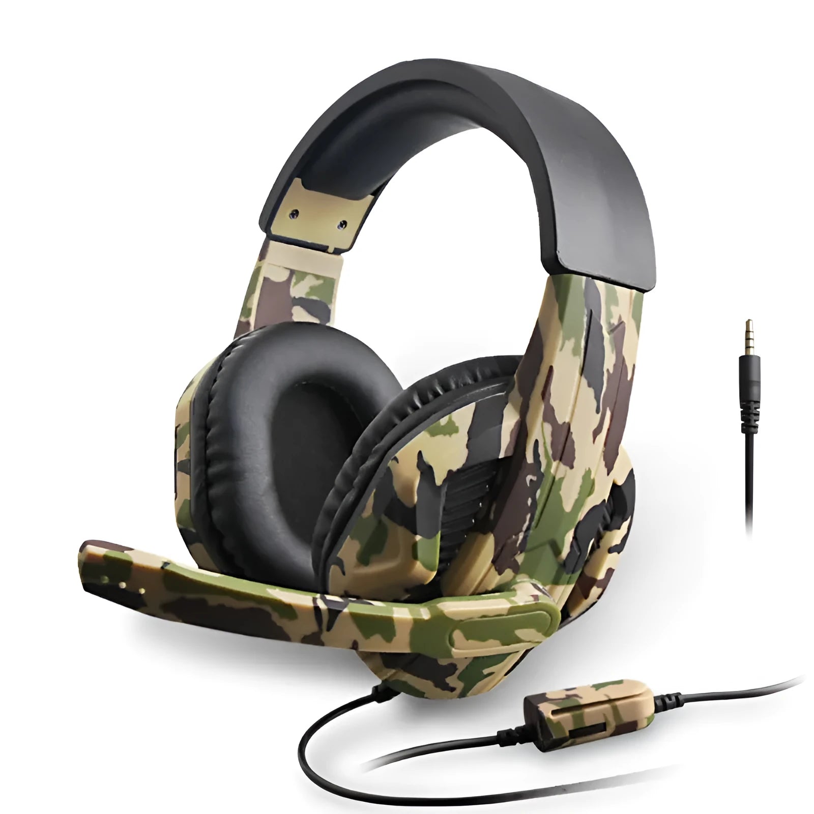 Camouflage gaming headset with black PU earmuffs and flexible microphone on a dark background