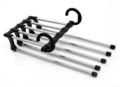 Versatile 5-in-1 stainless steel clothing rack with dual-hook system for organised wardrobe