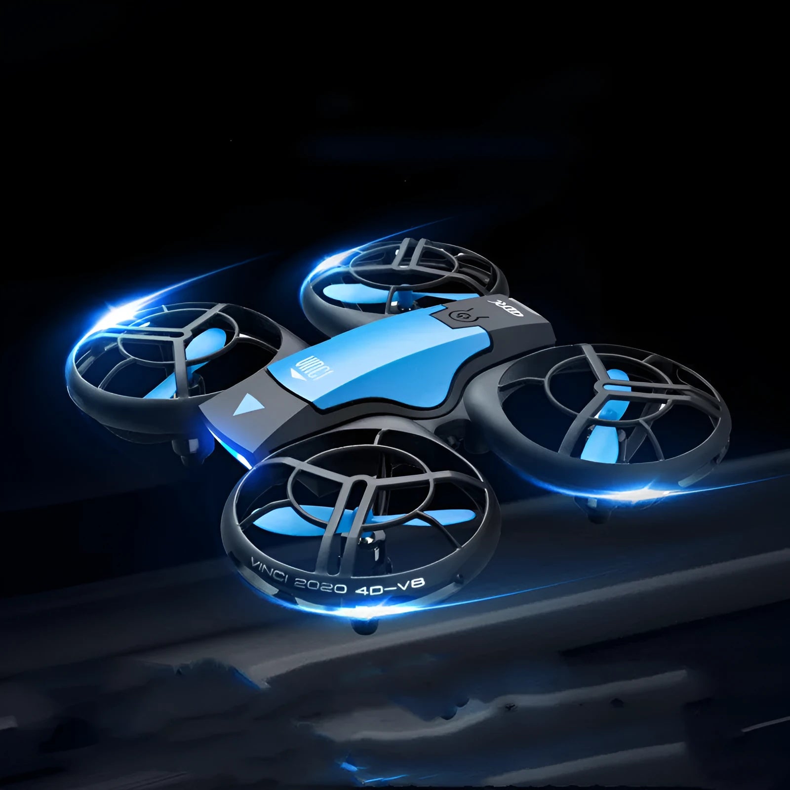 Blue or orange V8 mini RC quadcopter drone with propellers, shown with remote control and storage bag.