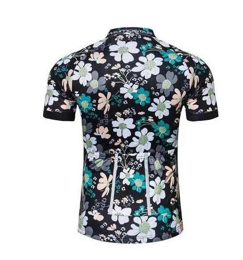 Bloom cycling jersey short sleeve in front view with Bloom print, available in sizes XS to 3XL