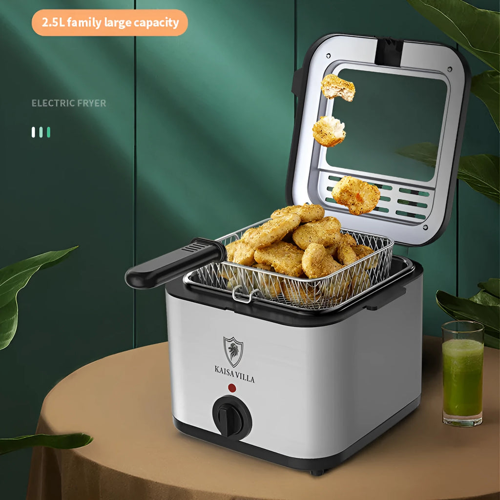 Silver electric air fryer with stainless steel body and a removable rectangular frying basket.