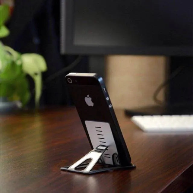 Black card phone holder with lazy bracket design for desktop phone viewing and card storage