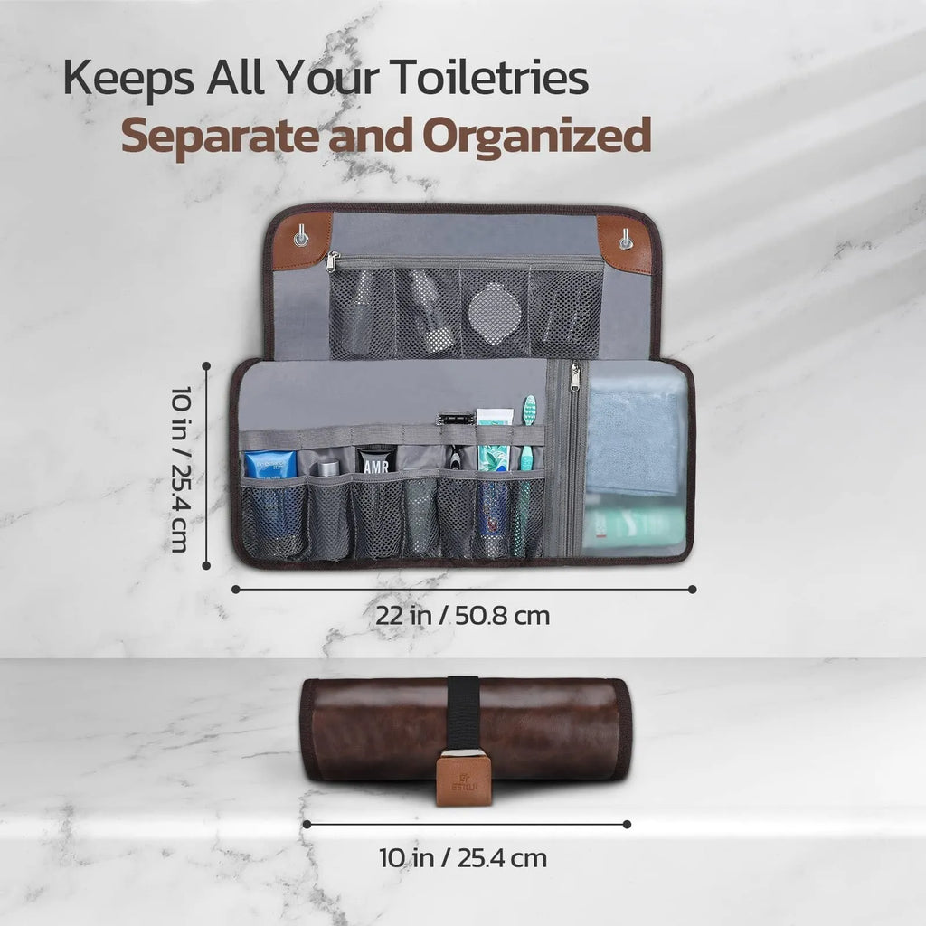 Men's black and light brown PU portable travel wash bag or buggy bag for toiletries