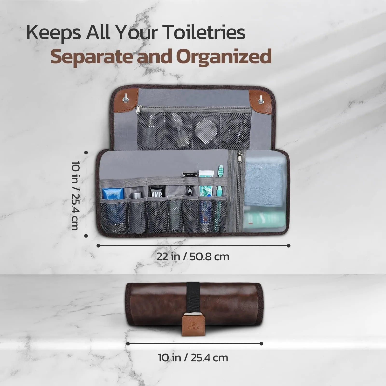 Men's black and light brown PU portable travel wash bag or buggy bag for toiletries