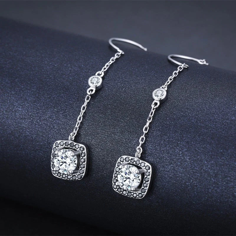 Long copper plated zircon earrings with black lines, fresh and sweet style for women
