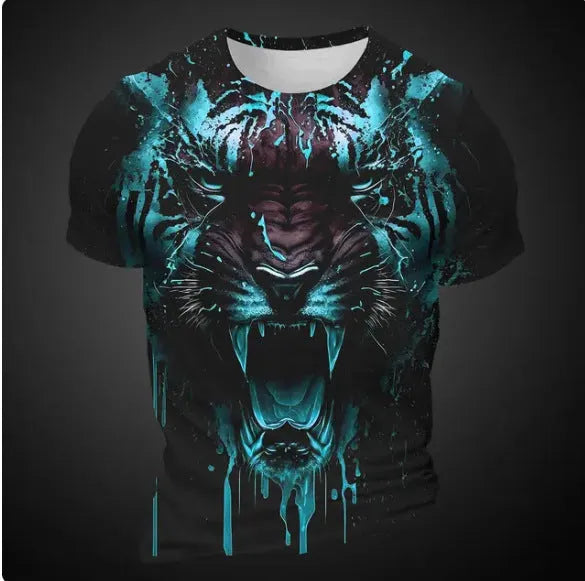 Men's short sleeve T-shirt with a detailed 3D tiger pattern print on light fabric.