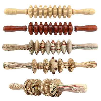 Wooden roller massage stick showing 39 cm length with 18 cm roller section and steel shaft construction