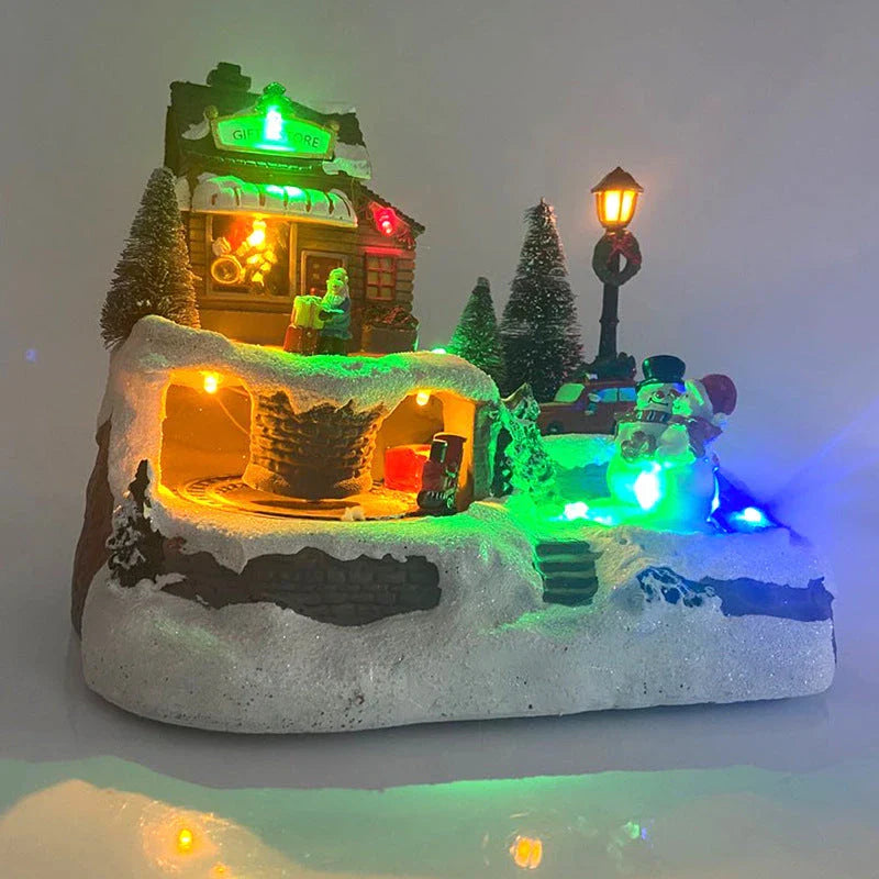 Christmas village LED light music house decoration with rotating figures and colourful lights