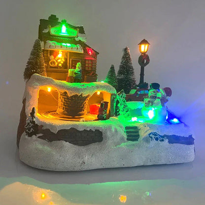 Christmas village LED light music house decoration with rotating figures and colourful lights