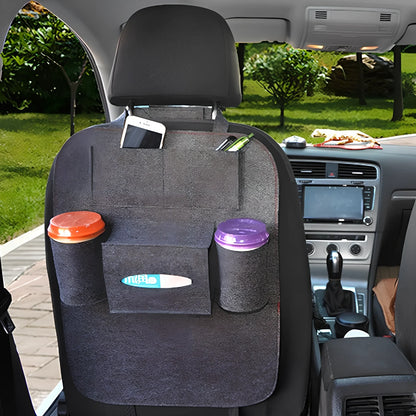 Wool felt car seat organiser bag with multiple pockets measuring 33cm wide