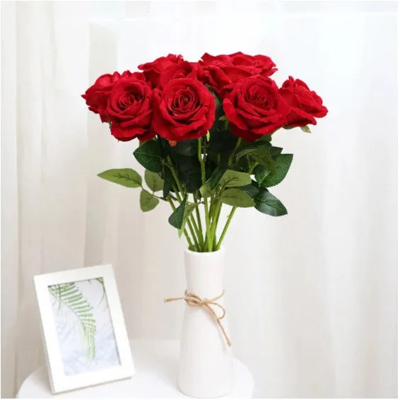 Artificial red rose bouquet 48cm long with silk cloth flower heads about 7cm diameter