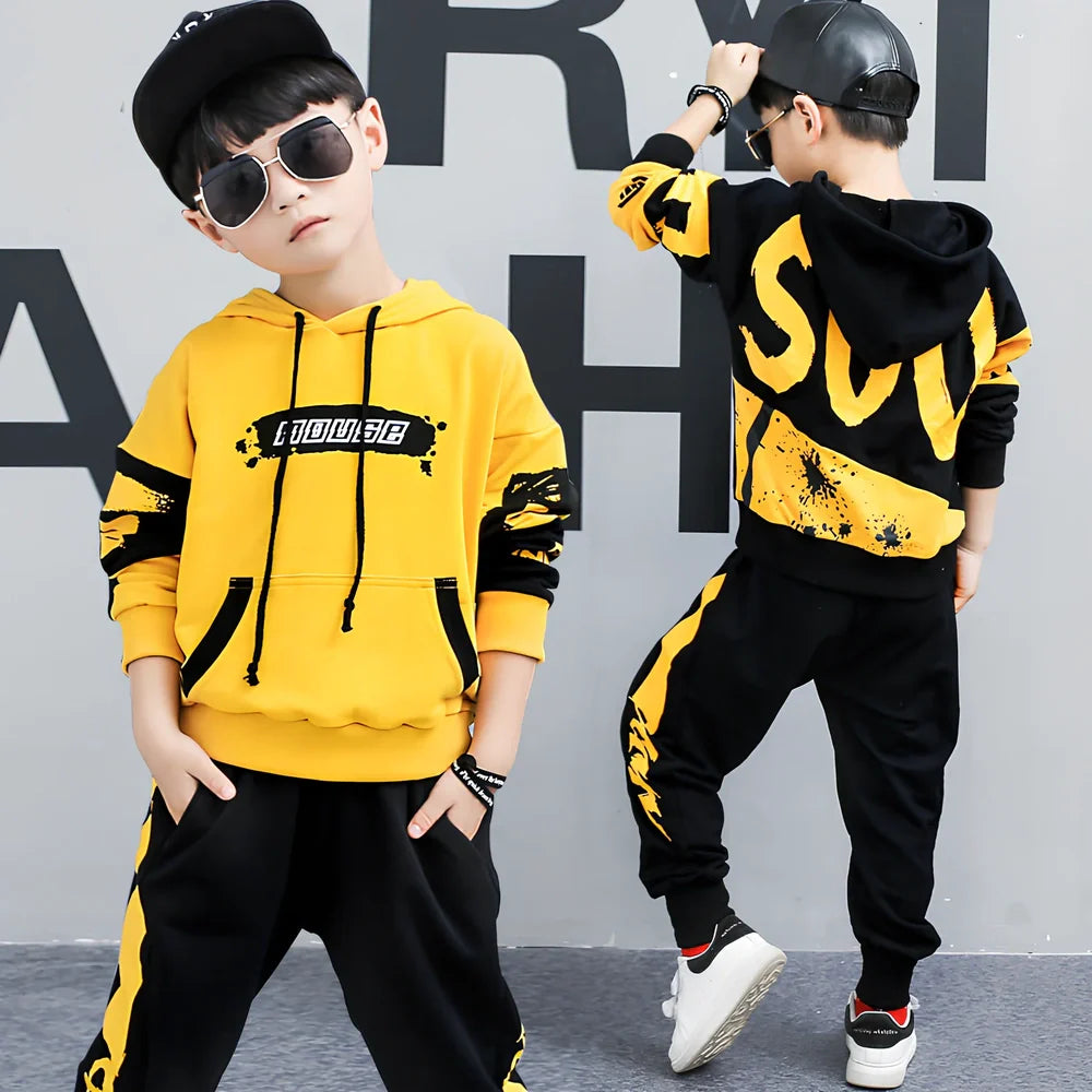 Boy's black hooded cotton sports suit two sets, long sleeve pullover top and trousers, 95% cotton for ages 8+