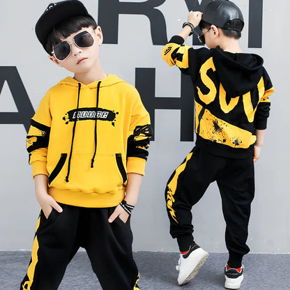 Boy's black hooded cotton sports suit two sets, long sleeve pullover top and trousers, 95% cotton for ages 8+