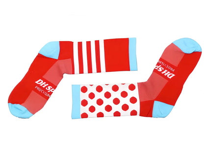 Pair of black powder compression cycling socks in size L, featuring stripe mesh pattern, 40-45cm long tube for breathable four-season support