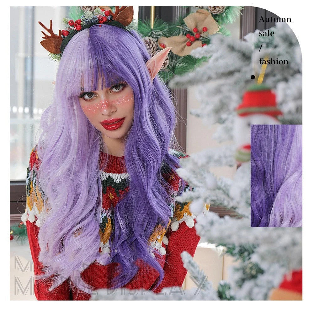 Long wave synthetic cosplay wig with Qi bangs and heat-resistant fibres