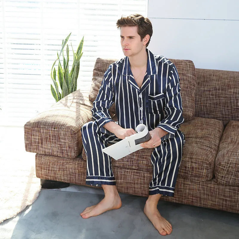 Men's blue stripe simulated silk pyjama suit with polyester fabric, two-piece set on hanger