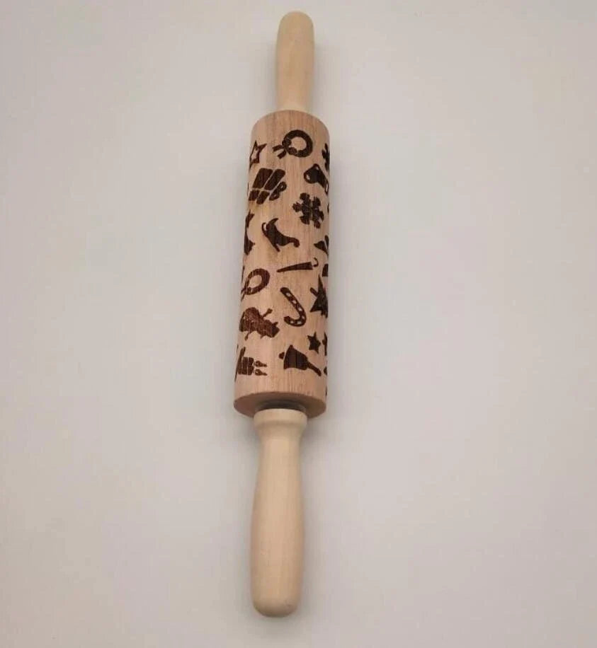 Wooden Christmas embossing rolling pin with non-stick surface for festive baking