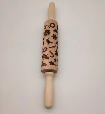 Wooden Christmas embossing rolling pin with non-stick surface for festive baking