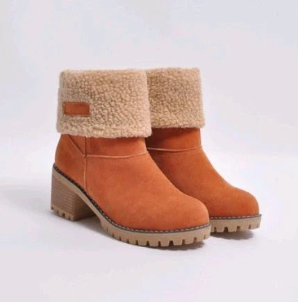 Stylish mid-calf suede snow boots with thick heel in various colors and sizes